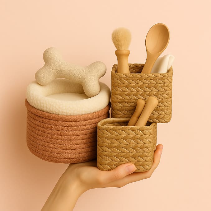 A hand holding a variety of home essentials and pet products