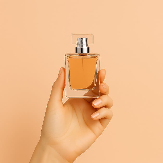 A woman's hand holding an elegant bottle of parfum