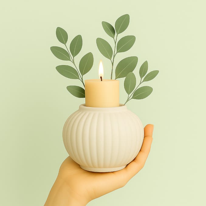 A hand holding a plant pot with alighten candle
