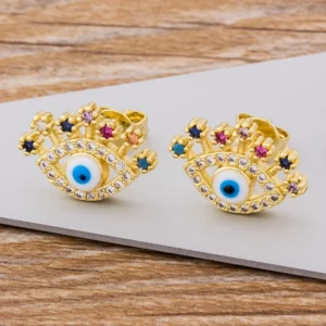 Gold-tone Evil Eye stud earrings with rainbow crystals, Alkimia Charms jewelry