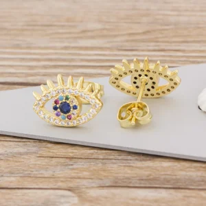 Vintage-style Evil Eye crystal stud earrings with sparkling stones, Alkimia Charms jewelry
