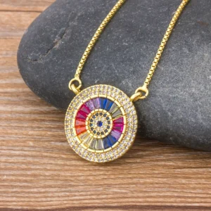 Gold-tone round CZ pavé pendant necklace with delicate chain, Alkimia Charms jewelry