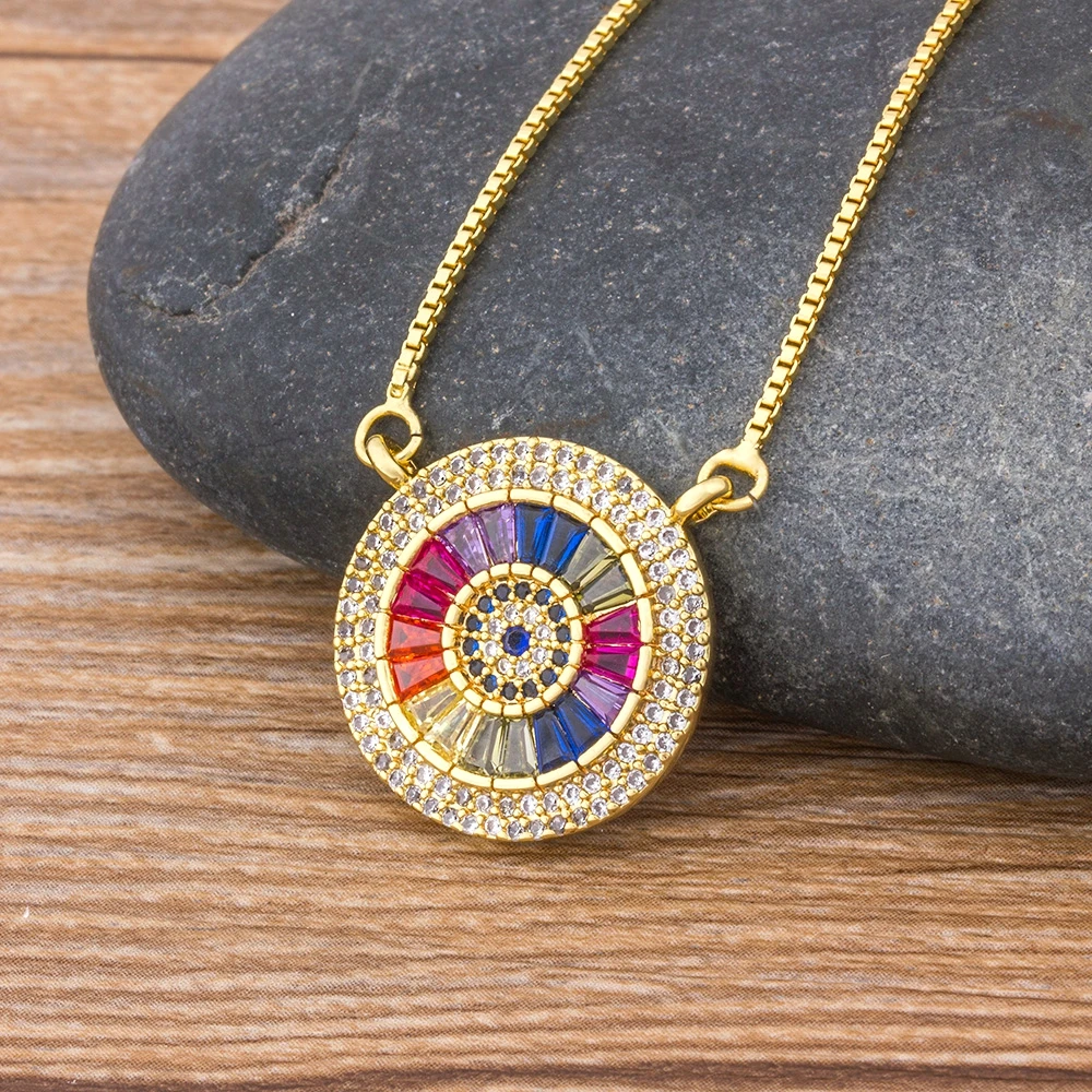 Gold-tone round CZ pavé pendant necklace with delicate chain, Alkimia Charms jewelry