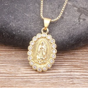 Gold-plated Virgin Mary pendant necklace with zircon stones, Alkimia Charms jewelry